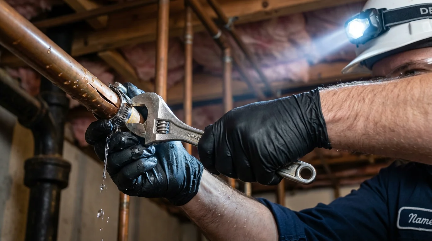 Emergency pipe clamp repair being performed by a Johns Plumbing LLC plumber in Marshfield