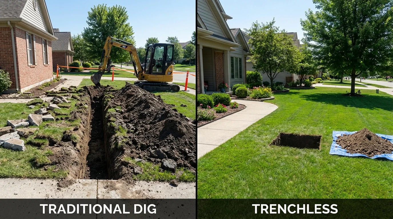 Trenchless sewer repair with minimal yard damage versus traditional excavation in Marshfield, WI