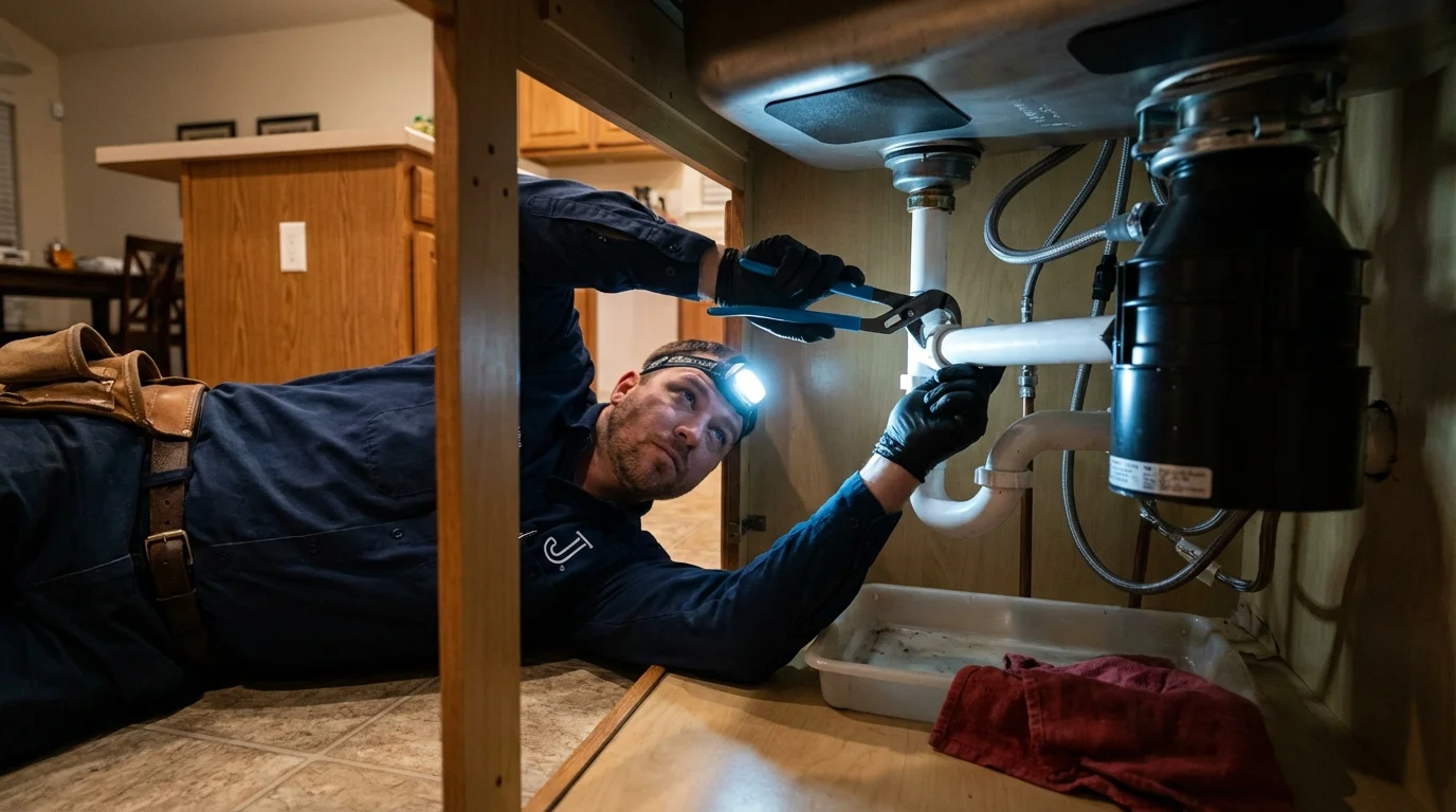 P-trap and supply line connections under a kitchen sink showing a common leak point in Marshfield, WI